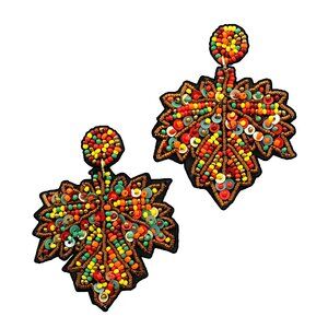 Fall Autumn Theme Colorful Maple Leaf Seed Beaded Statement Earrings